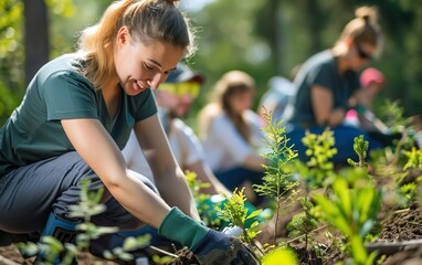 Volunteers planting trees, they do it together. Collective community teamwork, synergy. Nature restoration, conservation, resilience. Regenerative, ecological, earth focused land management concept