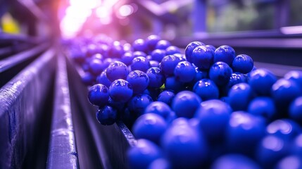 Blue Grapes Moving on a Conveyor Belt in a Winery