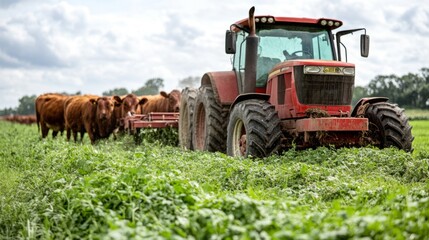 Obraz premium Red Tractor Harvesting Green Pasture with Cows in the Background