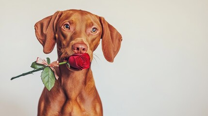 Charming red-haired vizsla dog holds a red rose in his mouth as a gift for Valentines Day on a white background