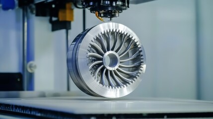Obraz premium Aircraft turbine wheel printed on metal 3d printer A model created in a laser sintering machine close-up Concept of 40 industrial revolution Progressive modern additive technology