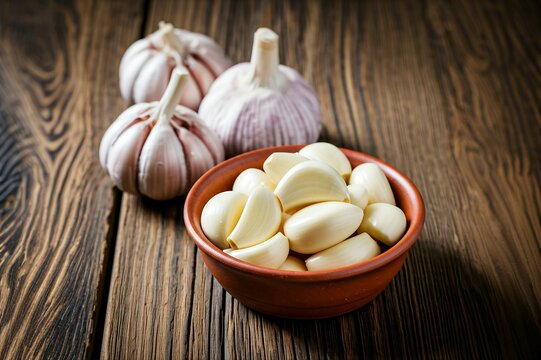 Peeled garlic cloves in a small bowl with whole garlic bulbs on a wooden surface.