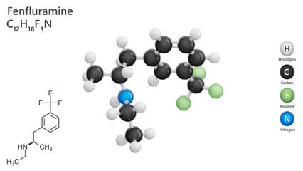 Molecule: Fenfluramine. Appetite suppressant. Molecular structure. Formula: C12H16F3N. Chemical model: Ball and stick. White background. 3D illustration.