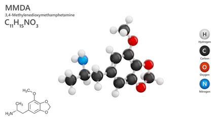 Molecule: MMDA or 5-methoxy-3,4-methylenedioxyamphetamine. Drug. Molecular structure. Formula: C11H15NO3. Chemical model: Ball and stick. White background. 3D illustration.