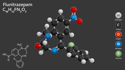 Molecule: Flunitrazepam. Molecular structure. Formula: C16H12FN3O3. Chemical model: Ball and stick. Gray background. 3D illustration.