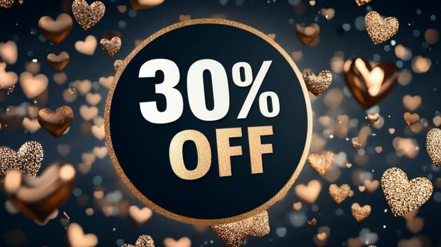 30 percent off commercial banner. 30% off sale with sparkling hearts.