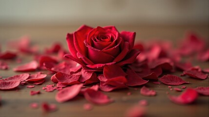 Red rose blooming amongst fallen petals on wooden table