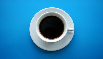 a classic cup of black coffee elegantly presented on a white ceramic saucer against a clean light blue background emphasizing simplicity and taste