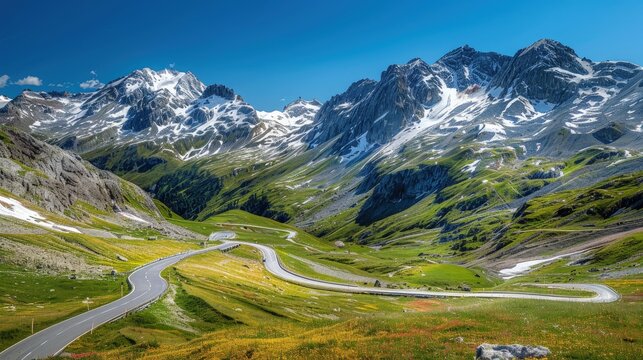 The stunning beauty of the Julier Pass, with its winding roads, snow-capped peaks, and clear blue skies