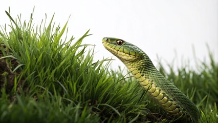 Obraz premium Captivating Green Snake Camouflaged in Grass Against a White Background - Stunning Low Light Photography for Nature Enthusiasts