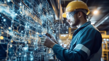 Electrical engineer working on industrial technology in a modern facility with digital interface representation