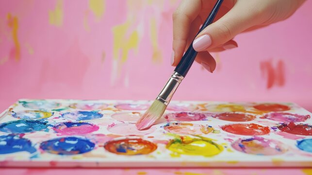 Crop unrecognizable creative person dipping paintbrush on colorful palette of watercolor paints against pink background