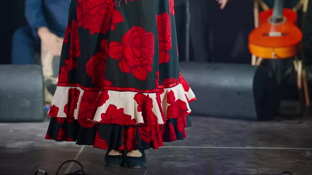 Woman in traje de gitana with red roses performs flamenco