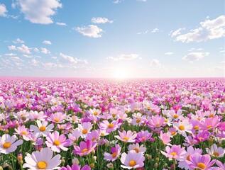 Fototapeta premium Dramatic shot of a vast expanse of cosmos flowers stretching towards the horizon against a bright blue sky, countryside scenery, beautiful cosmos flowers