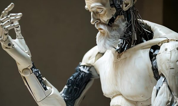 Bearded humanoid robot resembling an ancient philosopher, blending tradition with technology.