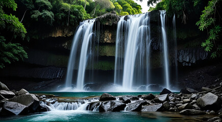 Fototapeta premium Beautiful natural waterfall , nature, trees, flowers in the foreground in tropical forest . High quality photo