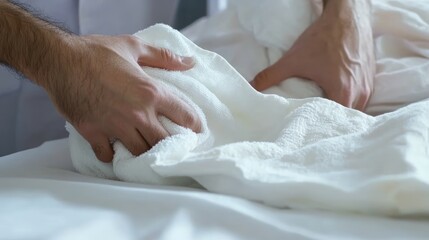 The mans hand pulled a white towel Hands rubbed the white sheets on the bed Hand of doctor and patient in hospital patients appearance clutching cloth in pain