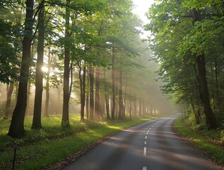 Fototapeta premium Forest road scene at dawn with misty atmosphere and tall green trees, outdoors, road