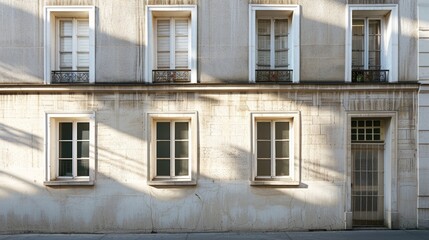 Obraz premium Parisian minimalist building, facing a wall with windows and doors, sunny afternoon light, serene atmosphere, no people present.
