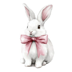 Obraz premium A watercolor illustration of a white bunny with a pink bow. Perfect for Christmas cards, nursery decor, festive designs, and seasonal creative projects