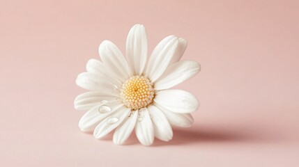 A single white daisy with a raindrop on its petal, isolated on a soft pastel background with natural light