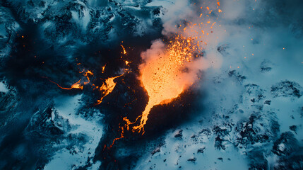 A drone view of a volcano erupting in a remote snowy landscape with lava melting the snow.