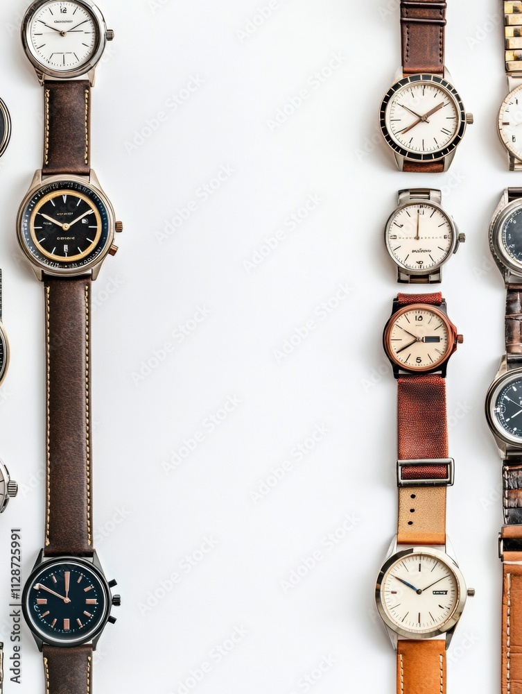 Poster Different styles of wristwatches displayed in an organized manner on a clean surface, allowing for clear comparison and appreciation. Generative AI
