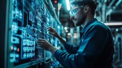 Fototapeta premium Electrical engineer analyzes circuit designs in a high-tech laboratory during evening hours
