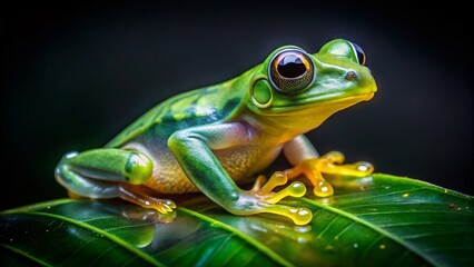 Naklejka premium Captivating Landscape Photography Featuring a Glass Frog Against a Dark Background, Showcasing Nature's Intricacies and the Unique Beauty of Amphibians in Their Natural Habitat