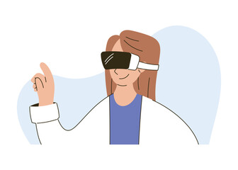 Flat vector isolated illustration of a female doctor wearing VR glasses, interacting confidently in a virtual environment. Medical technology, innovation, and healthcare, woman doctor