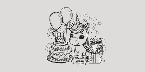 Cute birthday sketch coloring book with pony horse