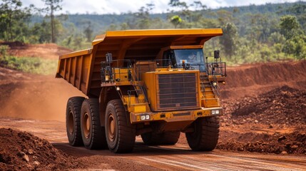 Obraz premium A Large Yellow Mining Dump Truck Driving On A Dirt Road