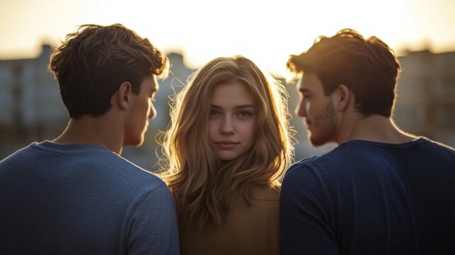 Love triangle Young woman in relationship with two menback view of threesome love friends of two men and one woman