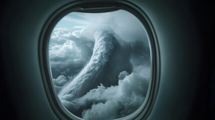 A fierce tornado stretching from ground to sky framed by an airplanes curved window.