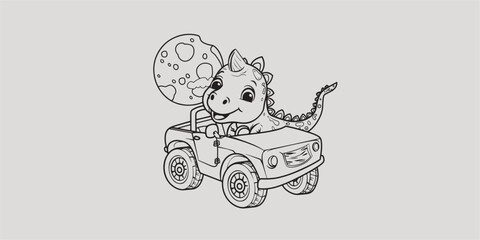 Coloring page sketch of a dinosaur on a car