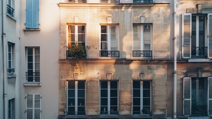 Obraz premium Parisian minimalist building, facing a wall with windows and doors, warm afternoon sunlight, peaceful urban environment, no people.