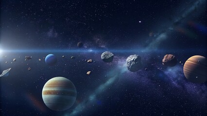  In space planets stars galaxies black holes nebulae asteroids comets satellites orbits spaceships...