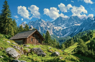 Wooden cabin in a lush green valley with majestic mountains under a bright blue sky. A rustic wooden cabin sits peacefully in a verdant valley surrounded by towering mountains. Fluffy clouds