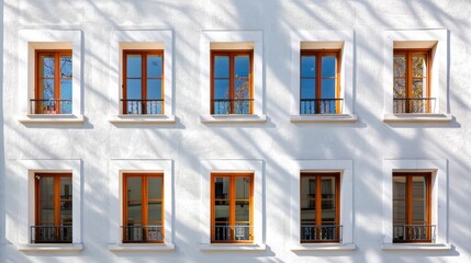 Parisian minimalist building, full wall with windows and doors, sunny afternoon light, peaceful atmosphere, no people present.
