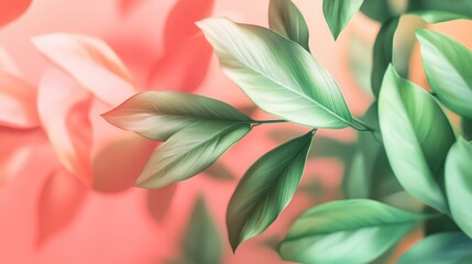 Obraz premium Green Leaves Against Coral Background Soft Light