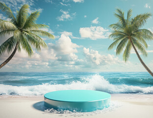 Obraz premium Bright tropical beach features a circular platform surrounded by palm trees. Gentle ocean waves lap at the shore beneath a clear blue sky with fluffy clouds.