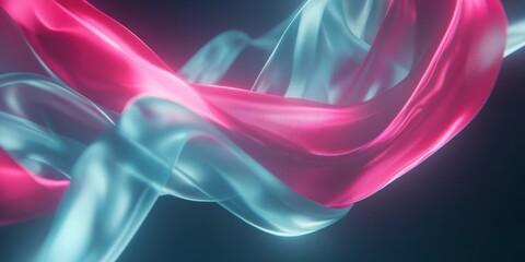 Naklejka premium Abstract Swirling Pink and Teal Silk Fabric Waves, Dynamic Digital Art, Elegant Flowing Texture, Neon Glow, 3D Render