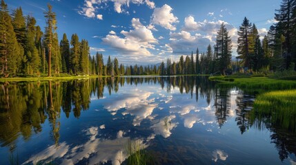 High-end photography of a tranquil lake surrounded by pine trees, with the sky reflected in the water