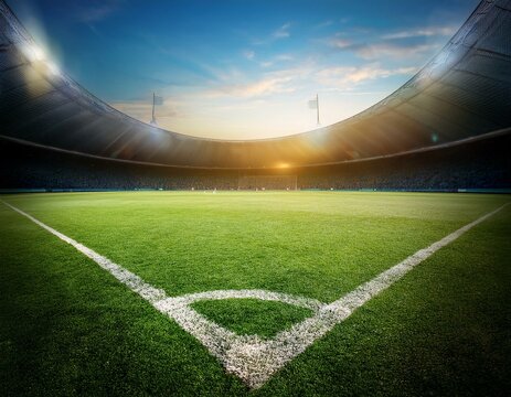 textured soccer game field with neon fog - center, midfield. Empty soccer stadium with spotlight and fan tribune football team. Concept of live sport events, 