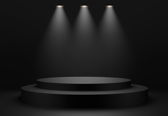 Black podium for product presentation with golden light on a dark background, empty space mock-up. Simple pedestal platform in a studio room. Abstract illustration of a round stage.