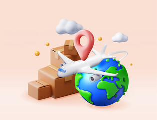 3D delivery airplane, globe and cardboard box Isolated. Render express delivering services commercial plane. Concept of fast and free delivery by aircraft. Cargo and logistic. Vector illustration