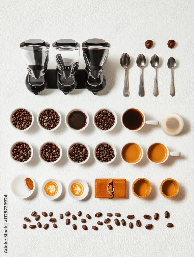 Poster flat lay showcasing coffee beans, cups, and utensils arranged for a coffee brewing experience, highl