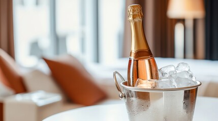 Bottle of cold wine or champagne in ice bucket on white table at hotel room Wedding reception holiday concept Copy space