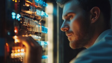 Engineer works on advanced technology in a modern facility during evening hours
