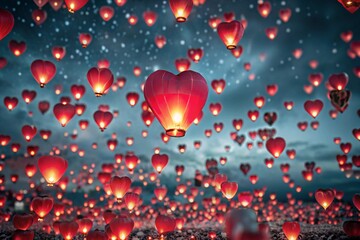 A banner for Valentine's Day. Abstract background. Beautiful, bright, red heart-shaped sky lanterns in the night sky.